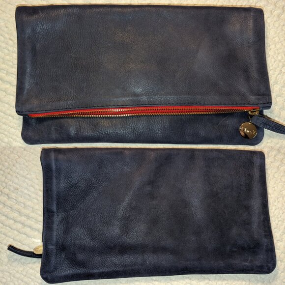 Clare V. Foldover Leather Clutch Navy Made in USA - Picture 5 of 10
